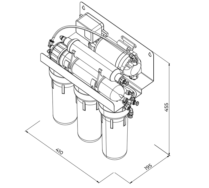 Rozmery reverznej osmózy PURE Standard s mineralizátorom a čerpadlom