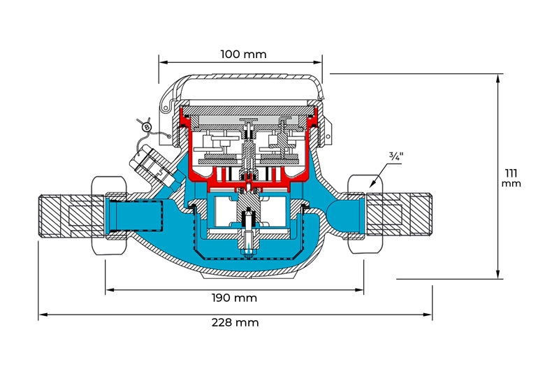 Rozmery impulzného vodomeru ADVANCE 3/4"