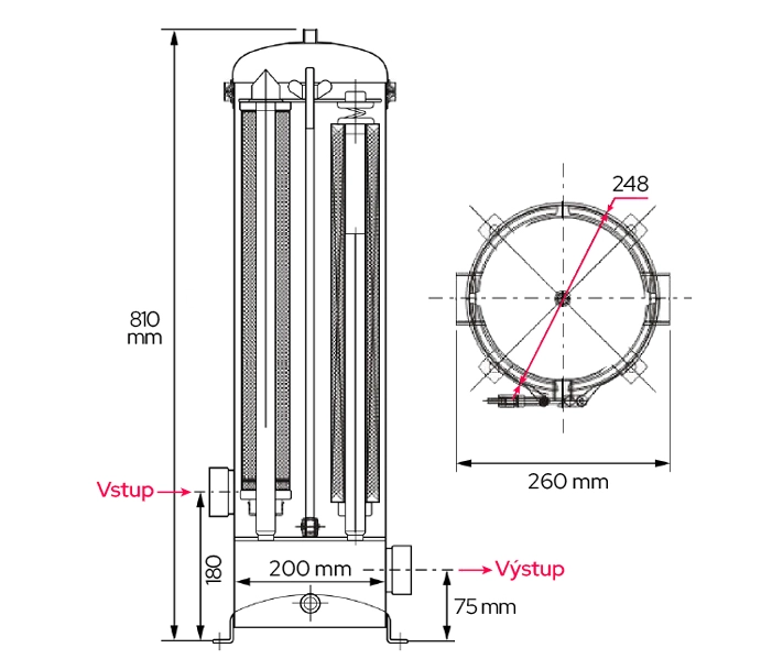 Vysokokapacitný nerezový filter na vodu 6/4" Rozmery vysokokapacitného nerezového filtra 6/4"