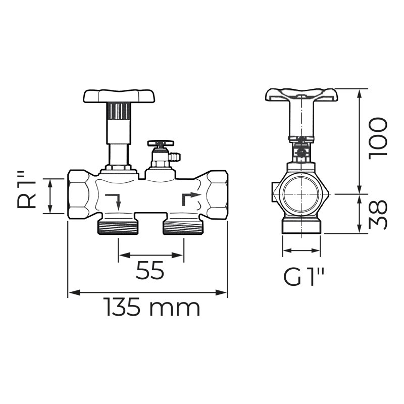 Rozmery pripojovacieho ventilu BWT Multiblock Bypass 1“